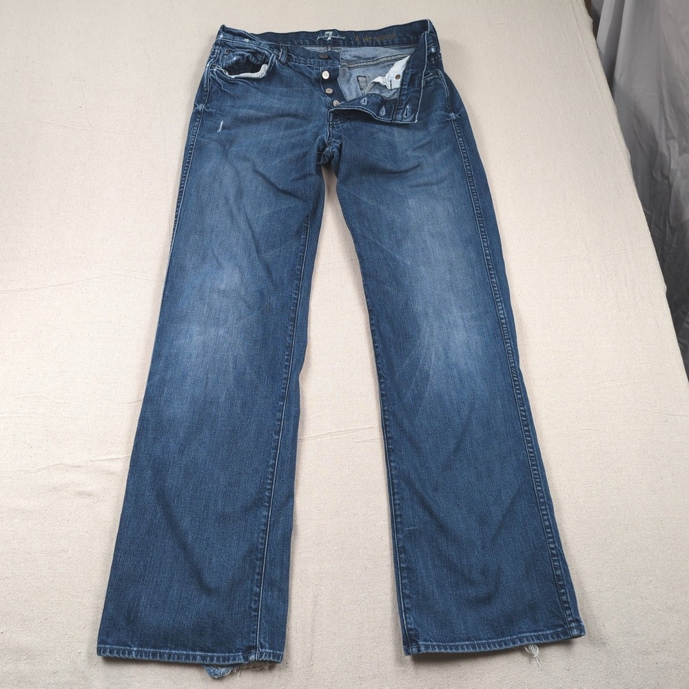 7 for all Mankind Jeans Mens 33x34 Blue A Pkt Boot Cut Button Fly Distressed